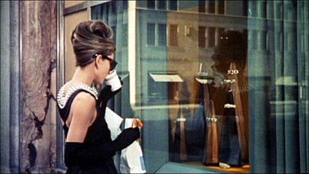 Audrey Hepburn in Givench black floor length dress in opening scene of Breakfast at Tiffany's 