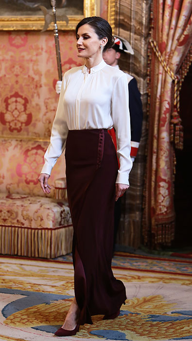 Queen Letizia burgundy maxi skirt with satin band and side buttons custom made by Felipe Varela