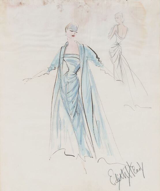 Grace Kelly ice blue French silk satin gown for Oscar Ceremony 1955 designed by Edith Head: sketch of Edith Head for the gown and matching coat