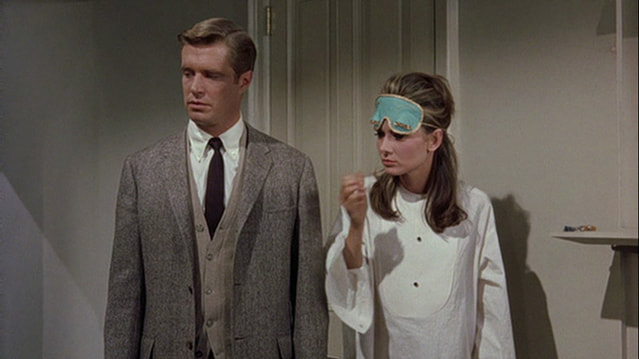 Audrey Hepburn movie costume in film Breakfast at Tiffany's(1961), the complete wardrobe of Holly Golightly:White oversize white blouse with front buttoned bib panel