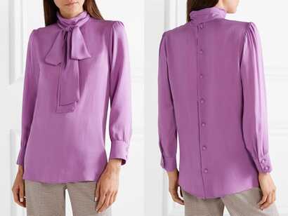 Kate Middleton Gucci purple/violet pussy-bow silk blouse with cloth buttons