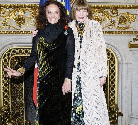 Diane Von Fürstenberg poses with Anna Wintour, Editor-in-Chief of Vogue, after receiving Chevalier De La Legion D’Honneur In Paris by French Ministry of Foreign Affairs