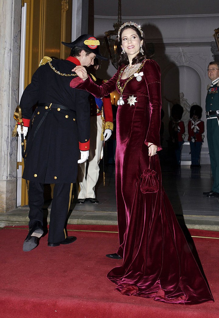 Celebrating Crown Princess Mary of Denmark's 50th birthday in 50 elegant day dresses and evening gowns: Princess Mary in dark red evening gown