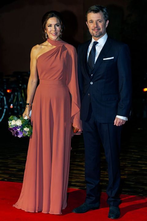 Celebrating Crown Princess Mary of Denmark's 50th birthday in 50 elegant day dresses and evening gowns: Princess Mary in terracotta evening gown, 2019