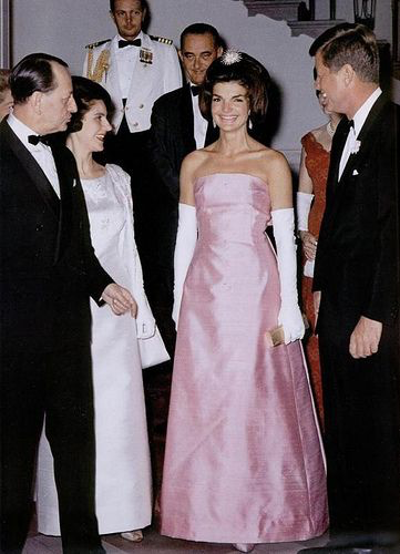 Jackie Kennedy in pink strapless dupioni gown with her husband Jack Kennedy 11 May 1962 in honour of Andres Malraux, the minister of State for Cultural Affairs of France.