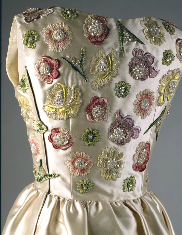 bodice embroidery of Jackie Kennedy’s ivory satin dress designed by French coutourier Hubert de Givenchy, for her official visit to France with general de Gaulle in Versailles 1961