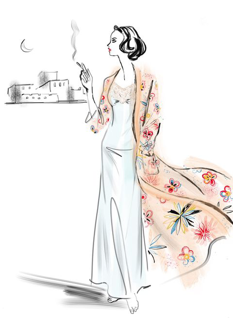 Marion Cotillard’s coral dressing gown with floral prints and laced slip dress in film Allied(2016). Illustration by Jacqueline Bissett.