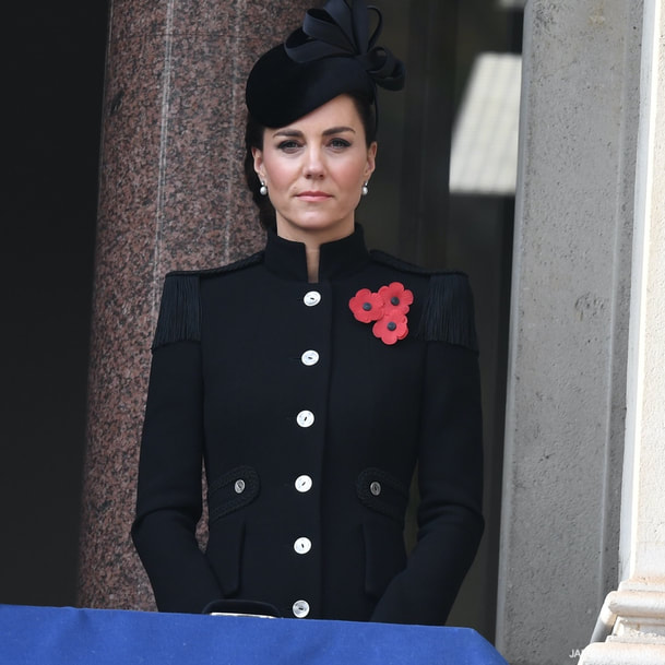 Kate Middleton Catherine Walker black military coat of standup collar with tassel shoulder and mother of pearl buttons
