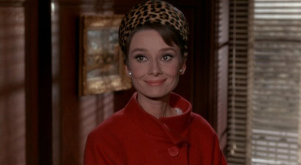 Audrey Hepburn movie costume Charade(1963) complete outfits as Reggie Lampert: the red wool coat with jeopard print hat