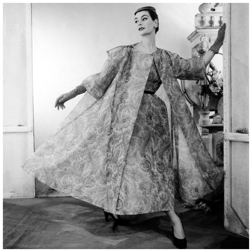 Cristobal Balenciaga dress and coat modelled by Anne Gunning, photo by Henry Clark, 1954