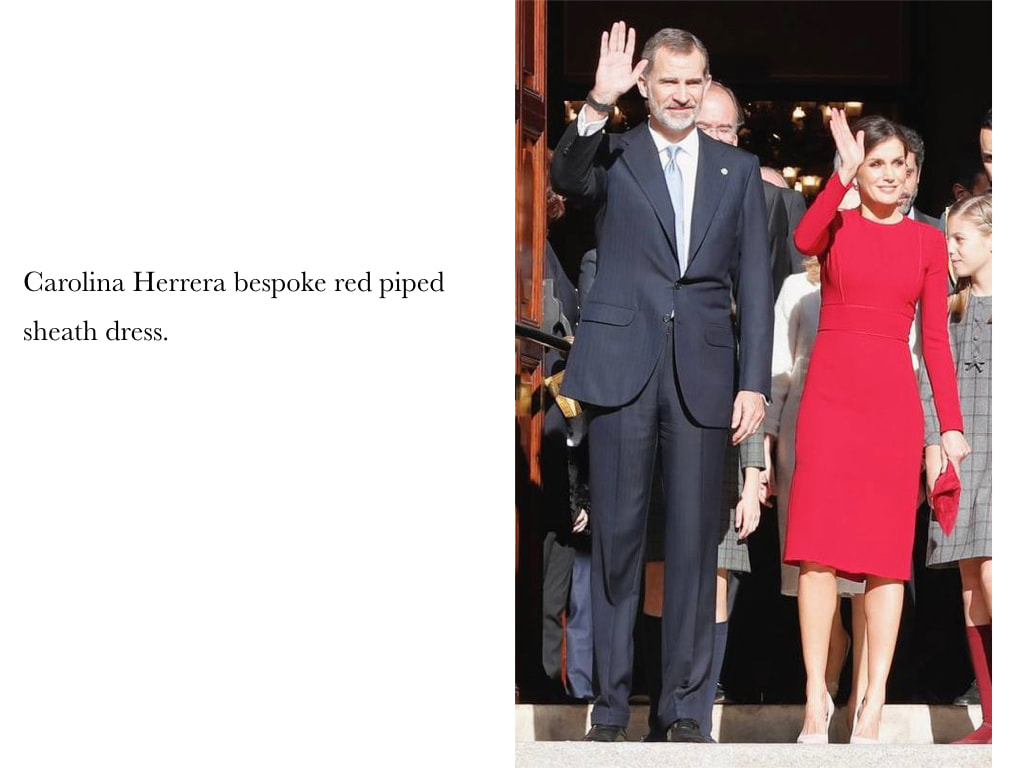 Queen Letizia of Spain in Carolina Herrera bespoke red piped sheath dress.