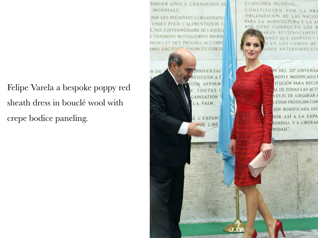 Queen Letizia of Spain in Felipe Varela bespoke poppy red sheath dress in bouclé wool with crepe bodice paneling.