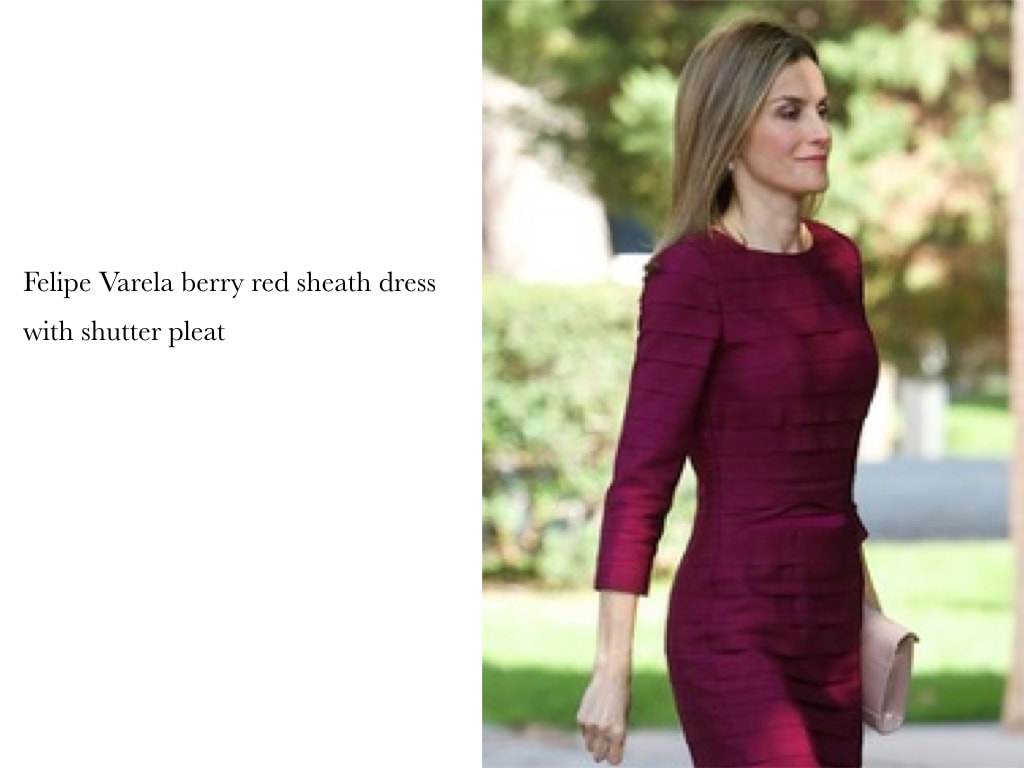 Queen Letizia of Spain Felipe Varela berry red sheath dress with shutter pleat