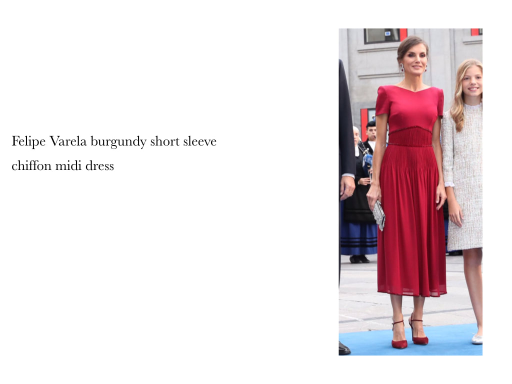 Queen Letizia of Spain Felipe Varela burgundy short sleeve chiffon midi dress
