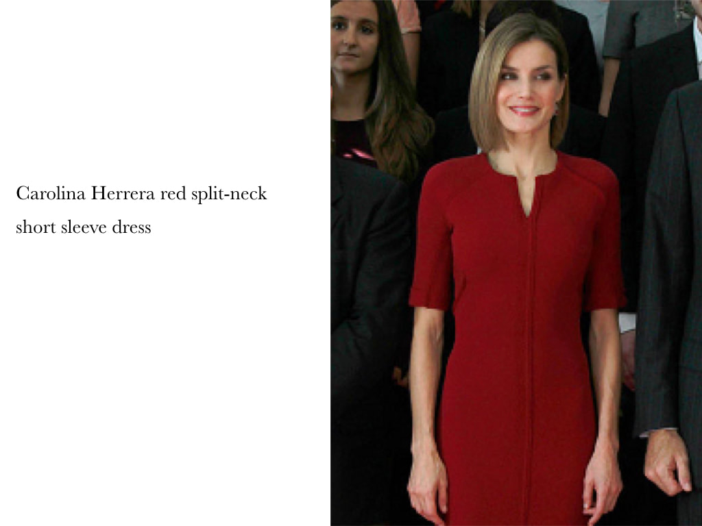 Queen Letizia of Spain Carolina Herrera red split-neck short sleeve dress