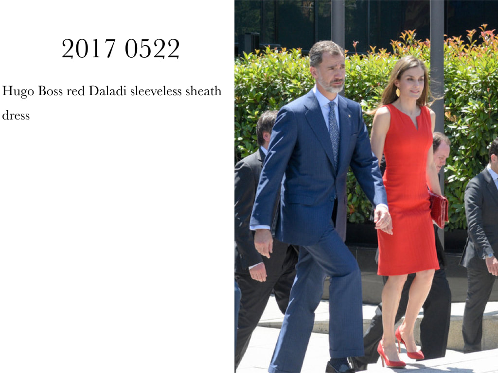 Queen Letizia of Spain Hugo Boss red Daladi sleeveless sheath dress 