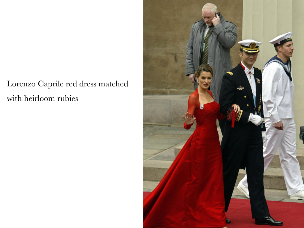 Queen Letizia of Spain Lorenzo Caprile red dress matched with heirloom rubies