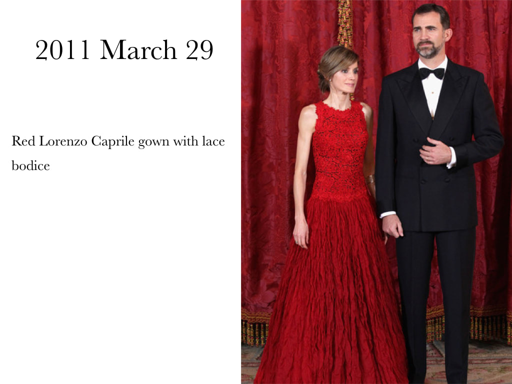 Queen Letizia of Spain Red Lorenzo Caprile gown with lace bodice