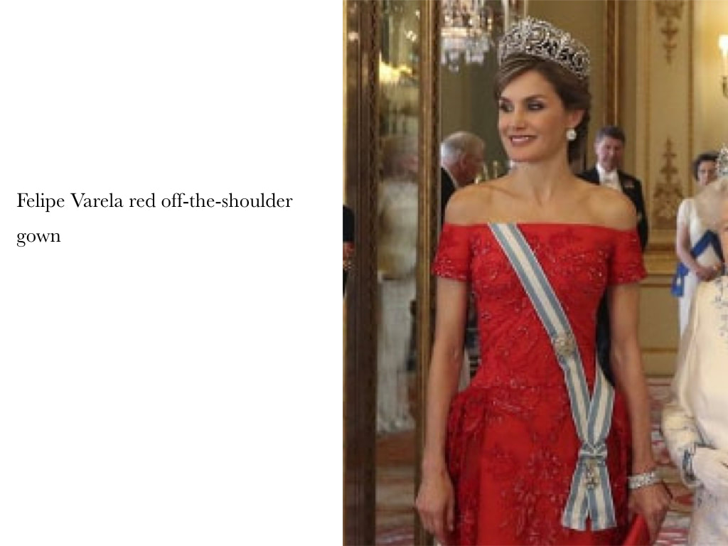 Queen Letizia of Spain Felipe Varela red off-the-shoulder gown