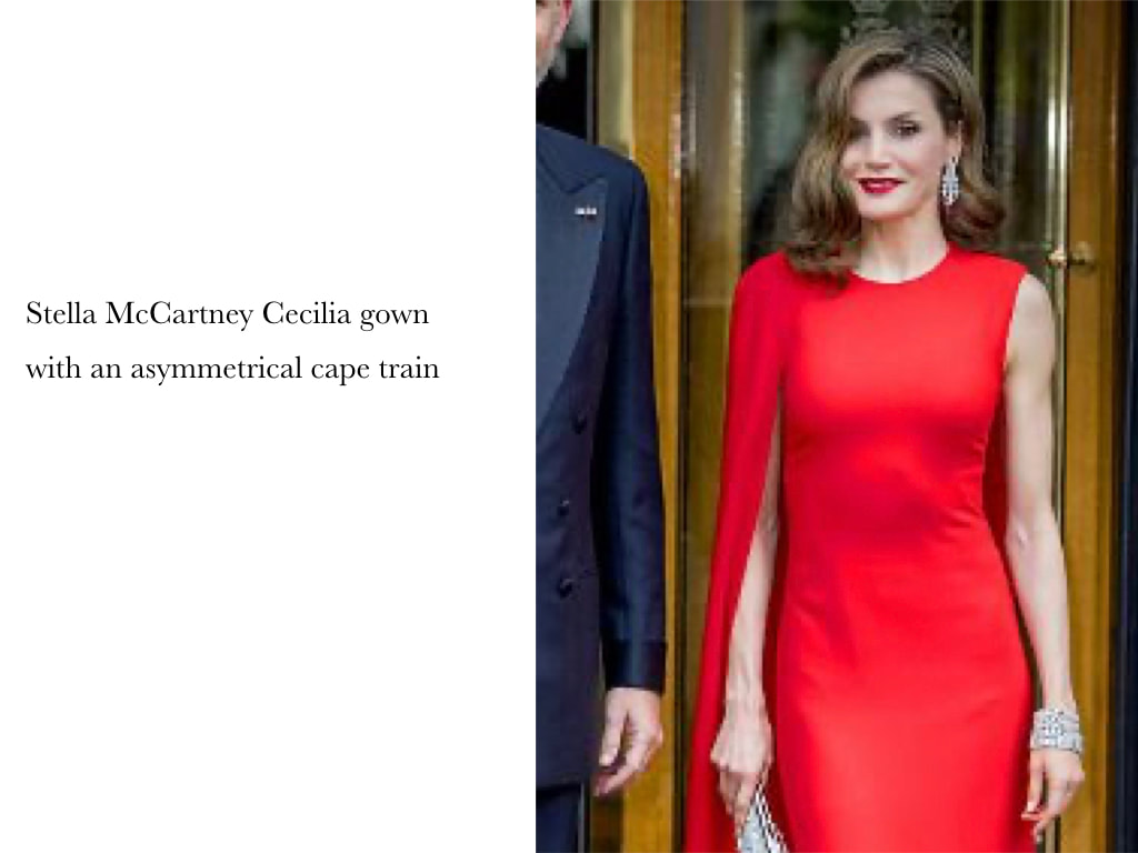 Queen Letizia of Spain Stella McCartney Cecilia gown with an asymmetrical cape train