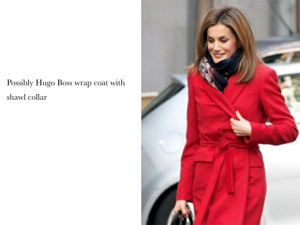 Queen Letizia of Spain Possibly Hugo Boss wrap coat with shawl collar
