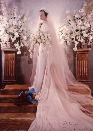 Princess Alice, Duchess of Glocester's Rose tinted wedding gown designed by Norman Hartnell