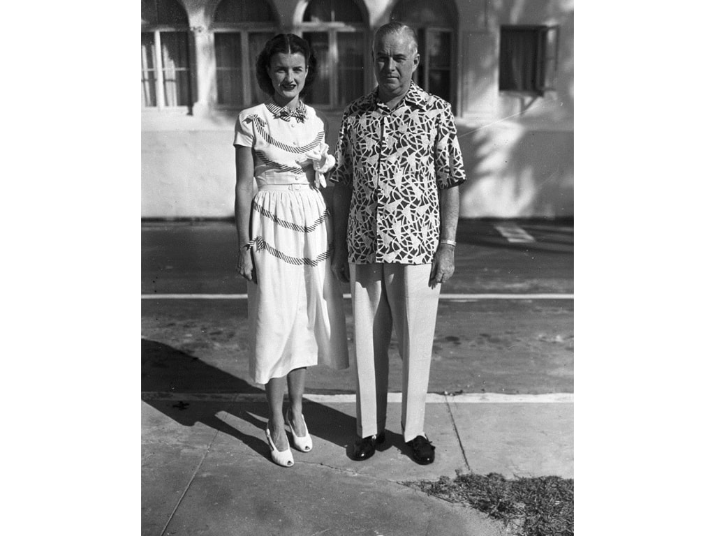 Jayne Wrightsman, poses with her husband Charles B. Wrightsman, Palm Beach, Florida, 1947,Photo by Bert Morgan 