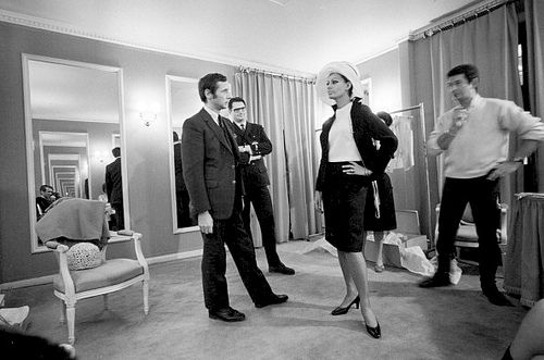 Sophia Loren with designer Marc Bohan and milliner Jean Barthet at Maison Dior for a fitting, Paris, January 1966