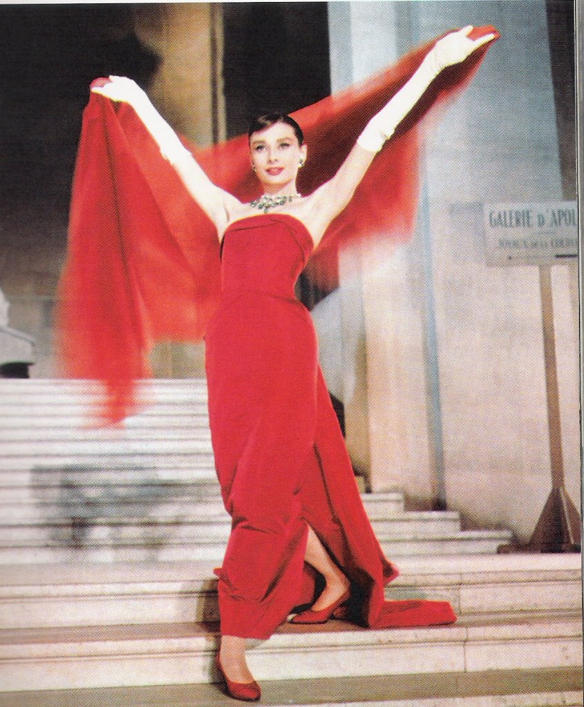 Audrey Hepburn in red dress in film funny face designed by Hubert de Givenchy, 1957