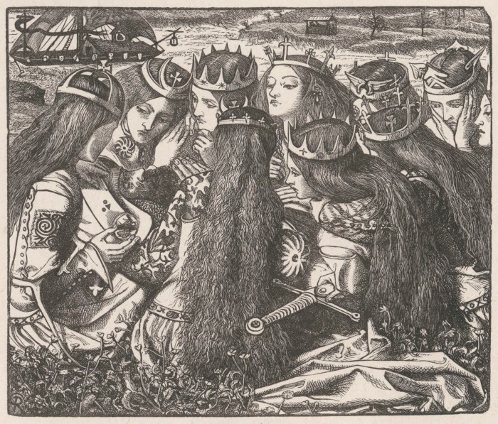 Illustration to 'The Palace of Art': The Weeping Queens / wood engraving by Dalziel after a design by D. G. Rossetti ; published in Moxon's edition of the Poems of Alfred Tennyson, London, 1857.