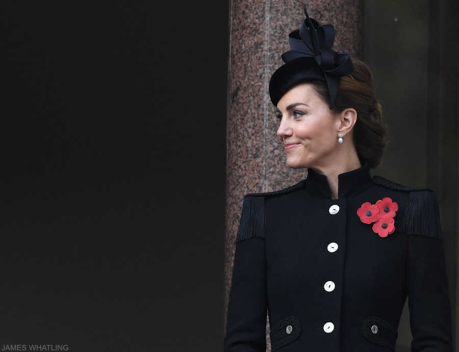 Kate Middleton philip treacy hat Catherine Walker black military coat