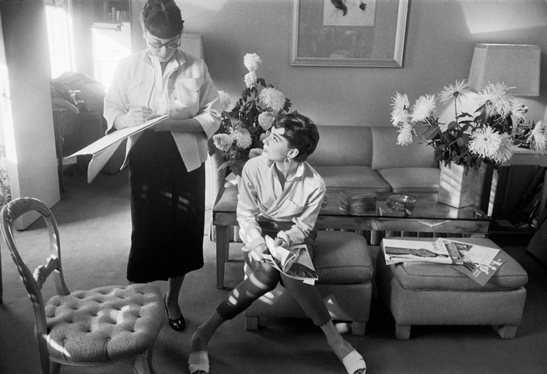 Audrey Hepburn with Paramount studio costume designer Edith Head, 1953.