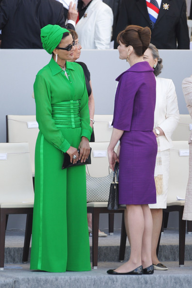 Sheikha Moza Bint Nasser al-Misnad and Carla Bruni-Sarkozy(Right) attend the ceremony of the Bastille Day, on July 14, 2008 in Paris. 