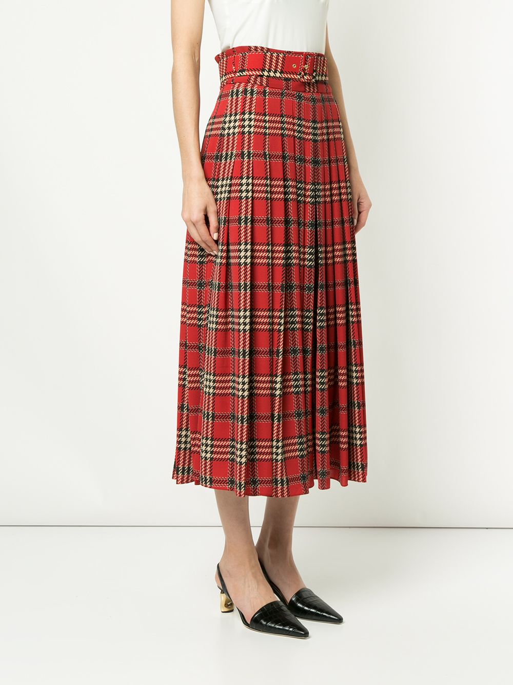 Kate Middleton red pleated tartan check midi skirt