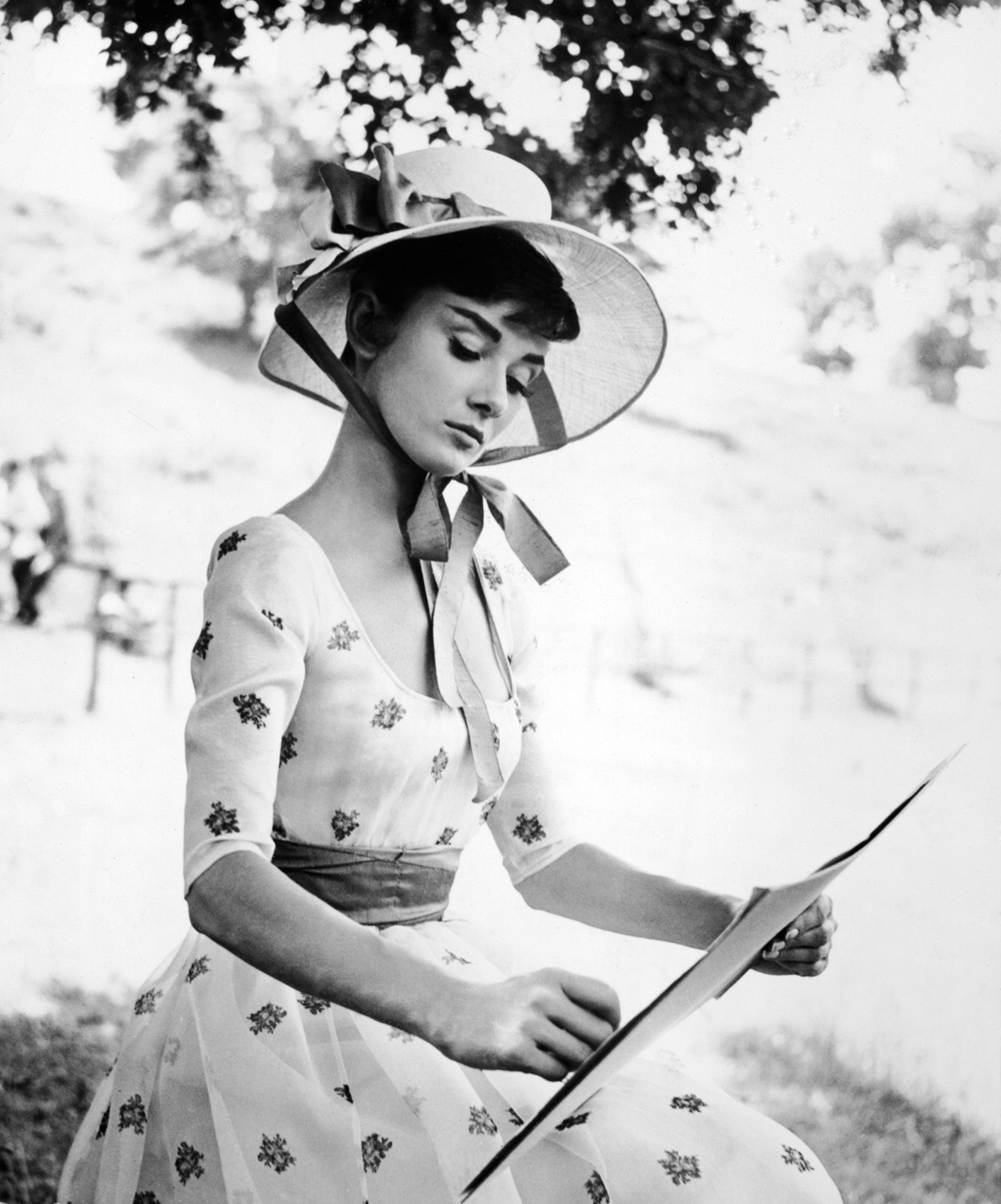 Audrey Hepburn in floral dress in film War and Peace