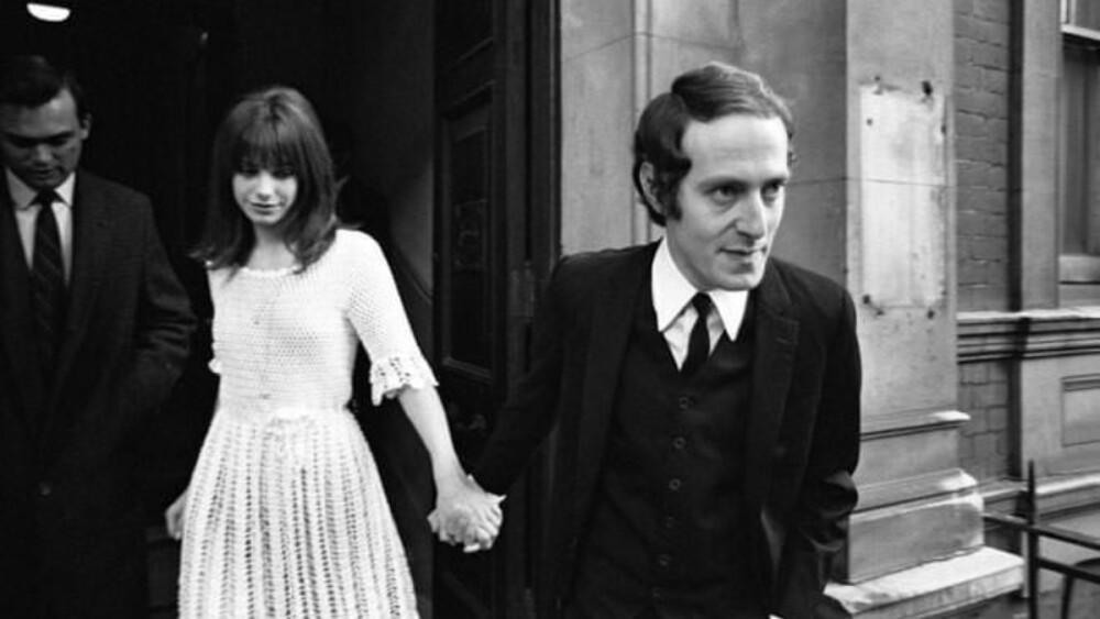 Jane Birkin with her husband John Barry on their wedding day