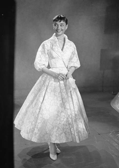 Audrey Hepburn in lace gown with shawl collar film Roman Holiday designed by Edith Head