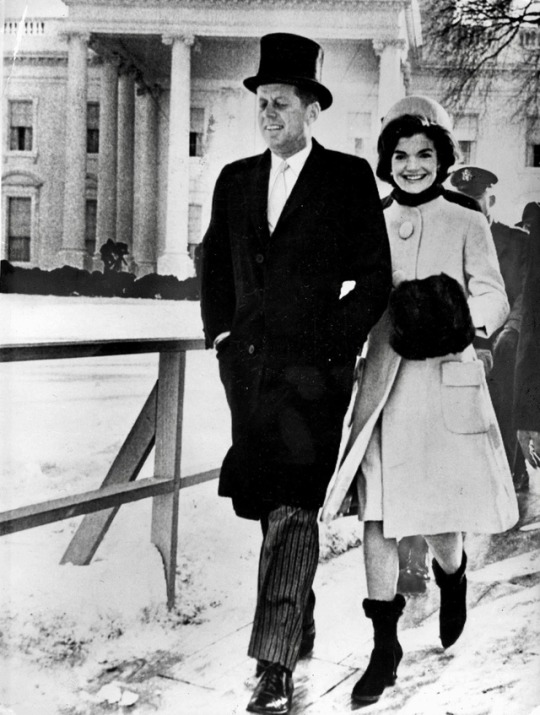 Jackie Kennedy wearing beige coat with her husband the President John F. Kennedy on the Inauguration day, 20 January 1961