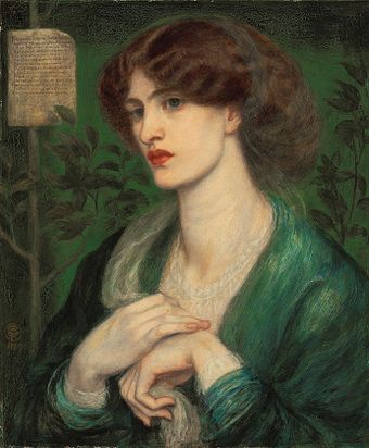The Salutation of Beatrice, Jane Morris portrayed by Dante Gabriel Rossetti as Dante Alighieri's muse, Beatrice, 1869