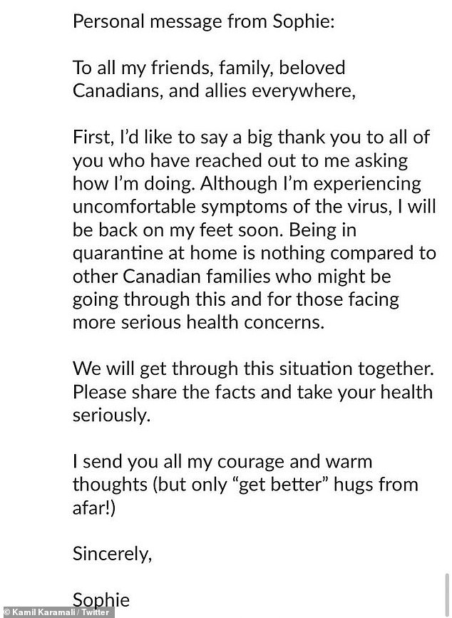 Sophie Trudeau, wife of Canadian PM Justin Trudeau sent encouraging message after testing positive for coronavirus