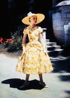 Audrey Hepburn in floral dress in film funny face designed by Hubert de Givenchy, 1957