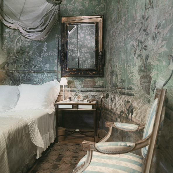 Baron and Baronesse de Rothschild's Paris appartment, bedroom with 18th century Chinese wall paper.