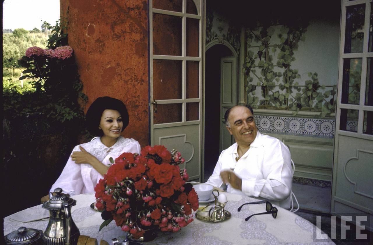 Sophia Loren and her husband Carlo Ponti in their 50-room mansion in Rome, Italy, 1964