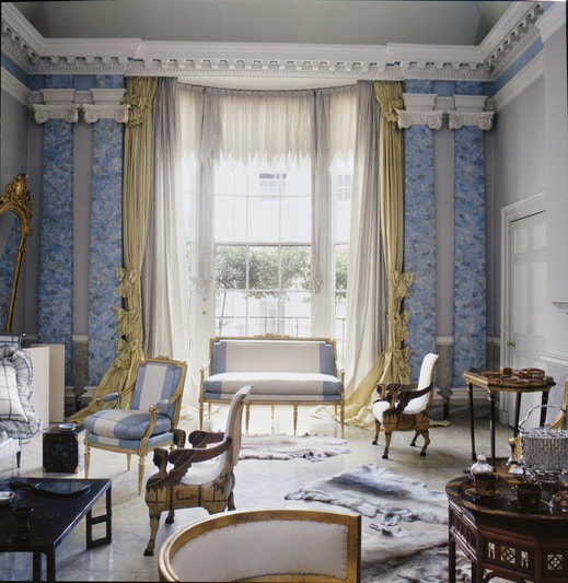 Baron and Baronesse de Rothschild's London flat, drawing room with similar curtain treatment, made by John Fowler, 1976