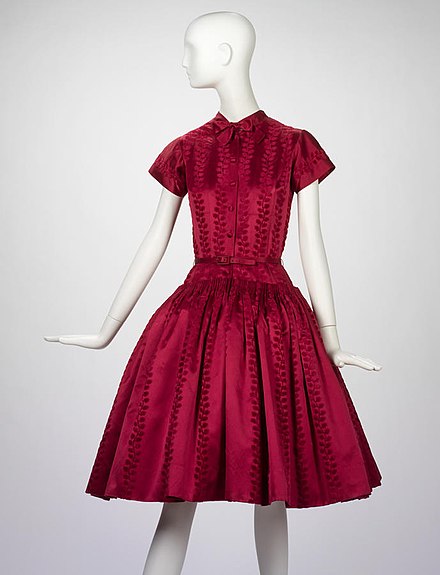 Norman Norell red silk dress with cartridge pleated skirt, 1949