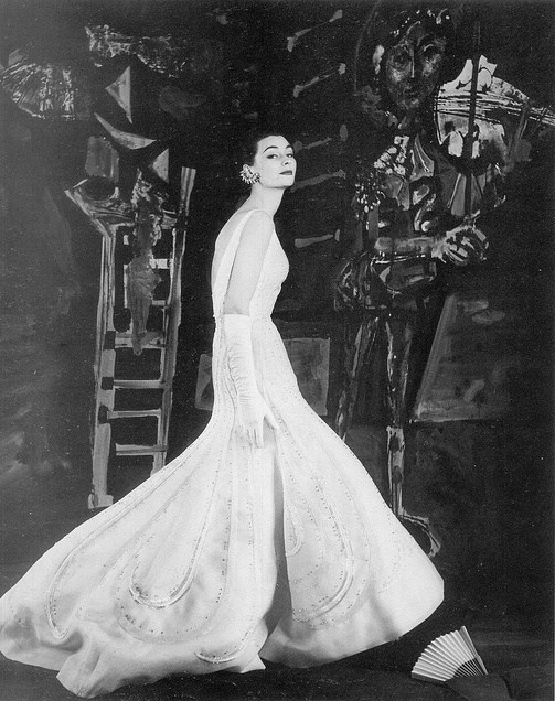 Anne Gunning in evening dress by Christian Dior, 1954