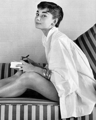 Audrey Hepburn in white shirt at home, photo by Mark Shaw
