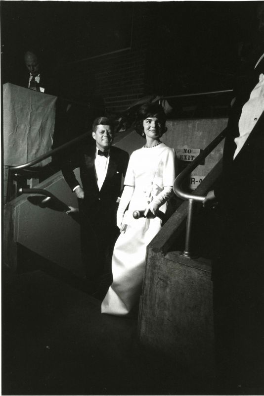 Jackie Kennedy wearing floor length gown, with her husband the President John F. Kennedy, at the Pre-Inauguration Gala, 19 January 1961