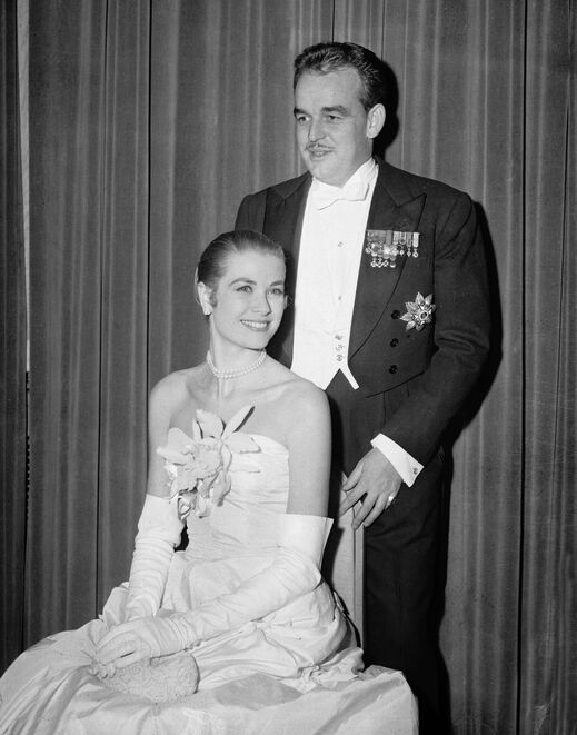 Grace Kelly with her finance Prince Rainier III of Monaco in Christian Dior gown, 1956.