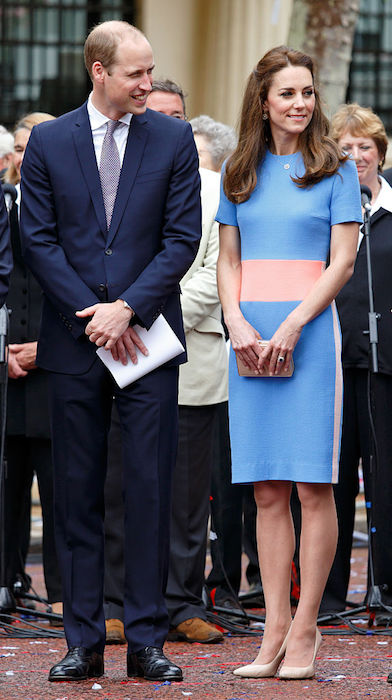Kate Middleton blue dress with coral waist stripe the Marwood Color Block Dress by Roksanda Ilincic